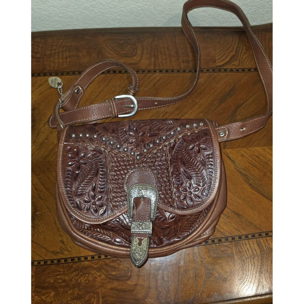 American West Floral Design Hand-Tooled Genuine Leather Crossbody Bag Purse